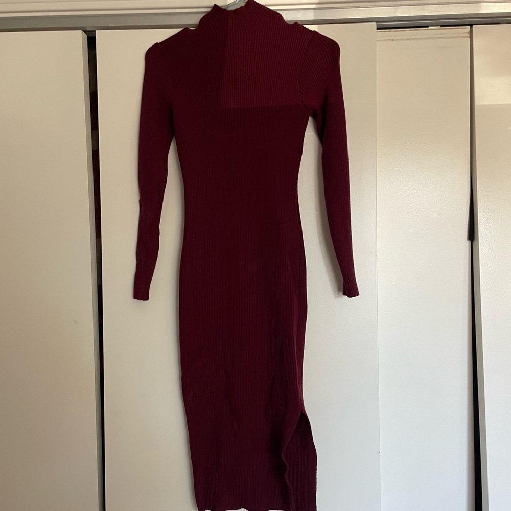 Size S maroon sweater dress with quarter slit on left side